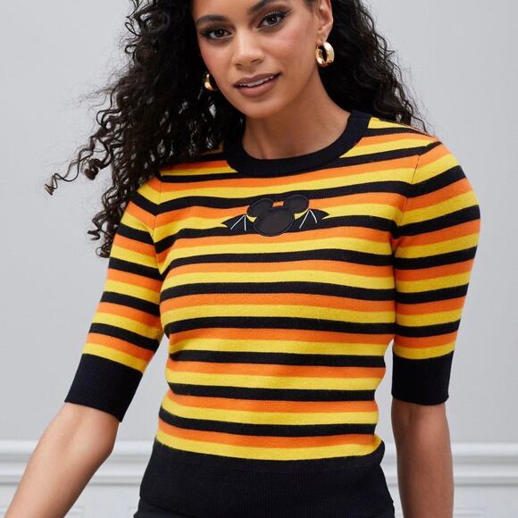 Her Universe Sweaters - Her Universe Disney Halloween Stripe Sweater Sheer Mesh Bat Mickey Sz L